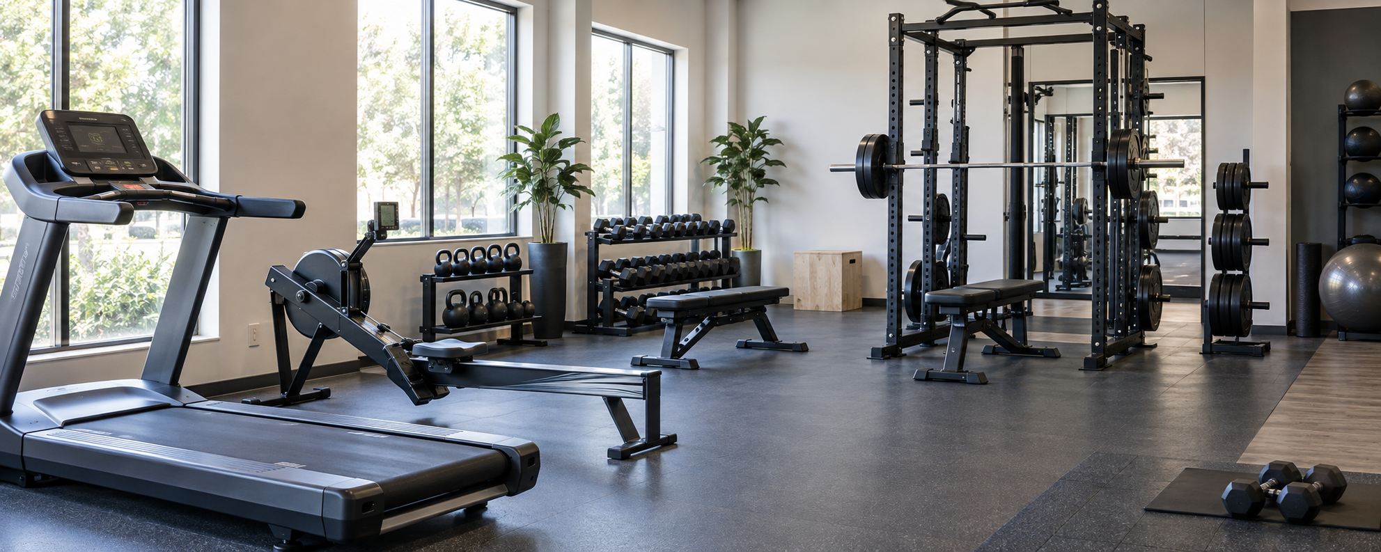 A contemporary gym with cardio and strength equipment
